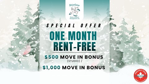 A special offer for a one month rent-free period with a $500 and $1,000 move in bonus.