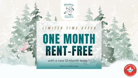 A promotional image for a limited time offer of one month rent-free with a new 13-month lease.