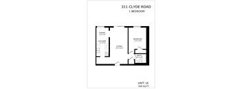 A black and white image of a floor plan for a 1 bedroom apartment at 311 Clyde Road.