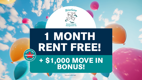 A promotional image for Brian Lane Property Management offering a 1 month rent free deal and a $1,000 move in bonus.