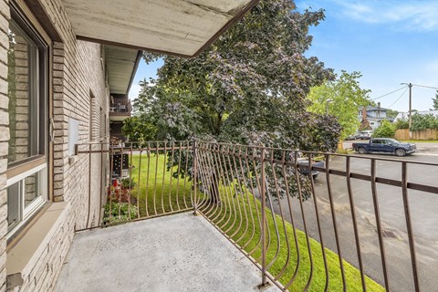 A metal fence surrounds a concrete patio.