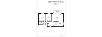 A black and white image of a floor plan for a 2 bedroom apartment at 2329 Kipling Avenue.