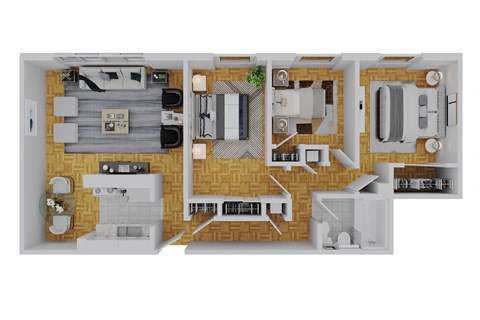 A top-down view of a house layout with a kitchen, living room, dining area, and bathrooms.