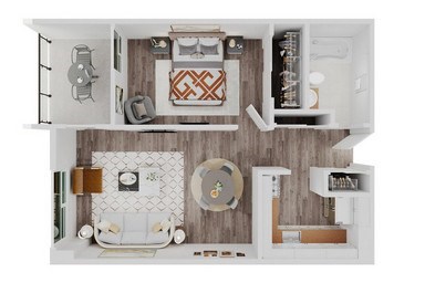 A top-down view of a kitchen with a dining table and chairs, a sink, and a refrigerator.