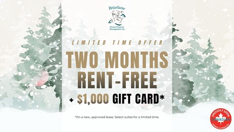 A promotional image for a limited time offer of two months rent-free and a $1,000 gift card.