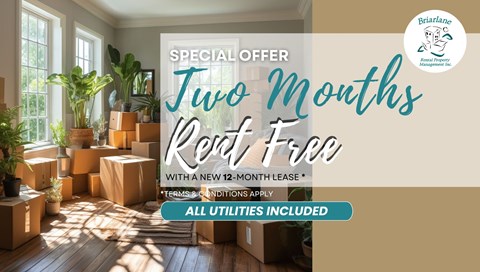 A promotional image for a special offer of two months rent free with a new 12-month lease from Briarlane Branded Property.