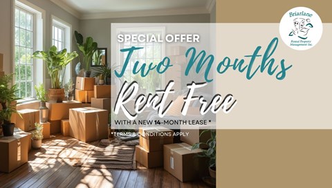 A promotional image for a special offer of two months free rent with a new 14-month lease from Briarlane Brand Property.