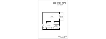 A black and white image of a floor plan for a Bachelor apartment at 311 Clyde Road.