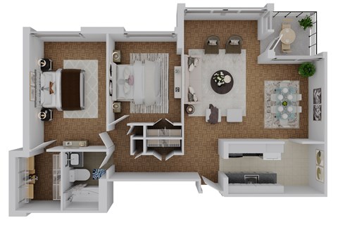 A 3D floor plan of a house showing a kitchen, living room, dining room, and bathroom.