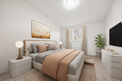 A bedroom with a large bed and a painting on the wall.