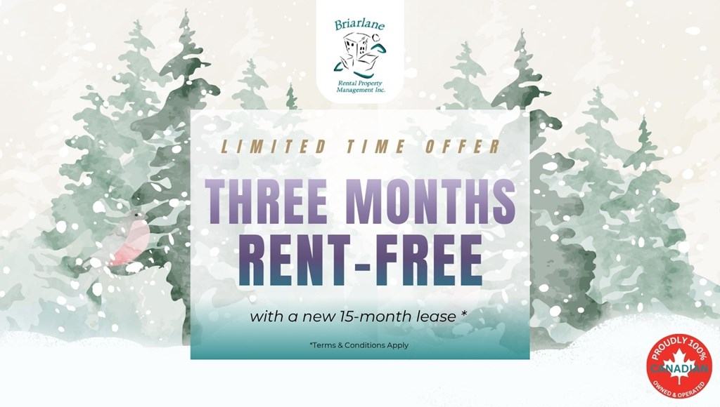 A promotional image for a limited time offer of three months rent-free with a new 15-month lease.
