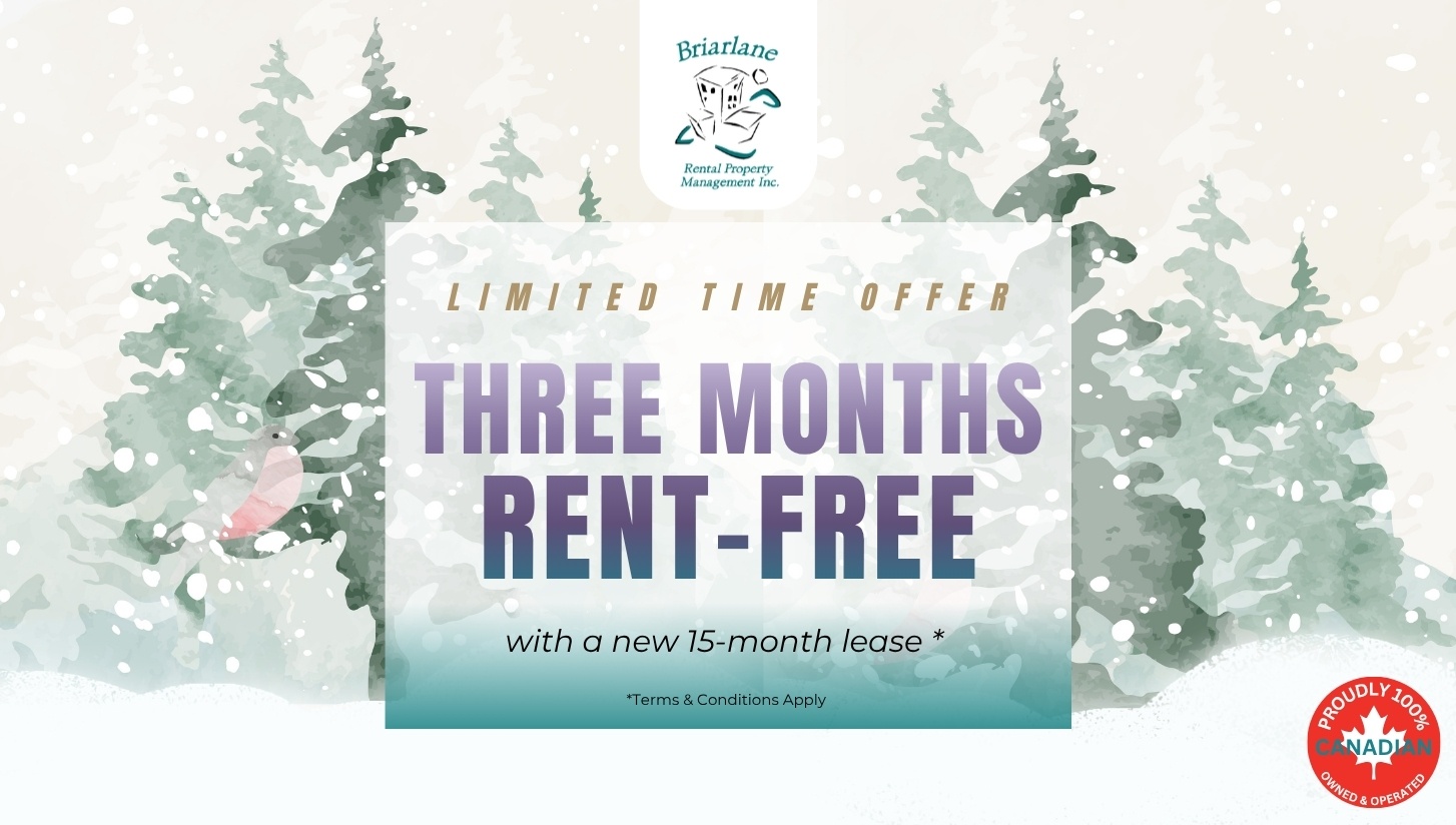 A promotional image for a limited time offer of three months rent-free with a new 15-month lease.