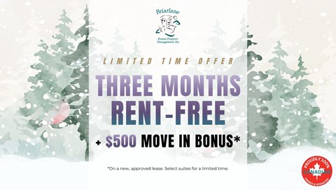 A promotional image for a limited time offer of three months rent-free with a $500 move in bonus.