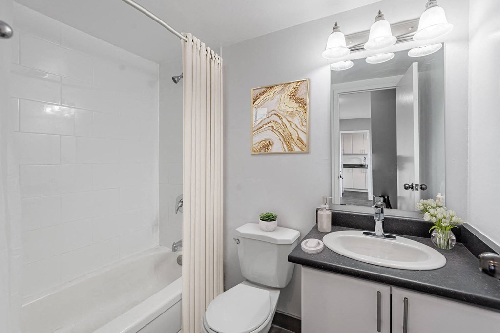 A bathroom with a white toilet, sink, and bathtub.