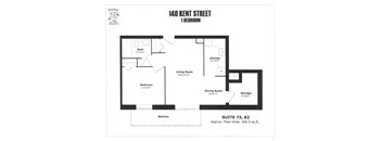A black and white image of a floor plan for a 1 bedroom apartment at 140 Kent Street.