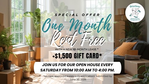 A promotional image for a special offer of a one month rent-free period with a new 12-month lease and a $1,500 gift card.
