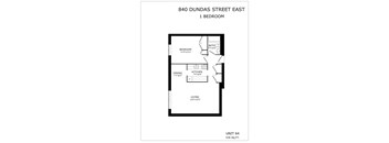 A black and white image of a floor plan for a 1 bedroom apartment.