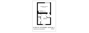 A floor plan for a 1 bedroom suite at 61 Roy St. Kitchener.