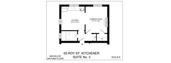 A floor plan of a kitchen and common room in a Bachelor Ground Floor suite.