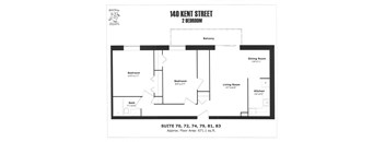 A floor plan for a 2 bedroom apartment at 140 Kent Street.