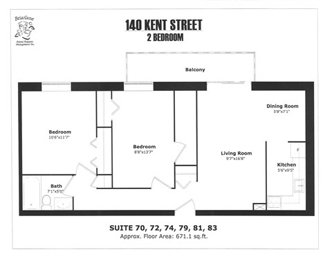 A floor plan for a 2 bedroom apartment at 140 Kent Street.