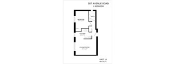 A black and white image of a floor plan for a 1 bedroom apartment at 587 Avenue Road.