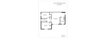 A black and white image of a floor plan for a 2 bedroom apartment.