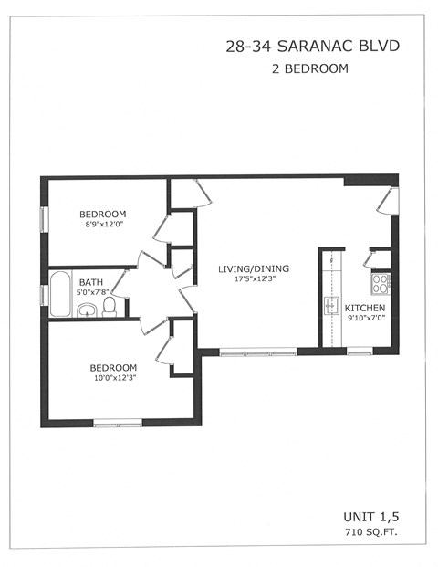 A black and white image of a floor plan for a 2 bedroom apartment.