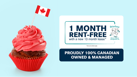 A cupcake with a Canadian flag on top is shown next to a sign advertising a rent-free offer.