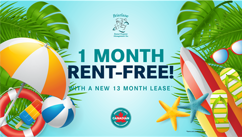 A beach-themed advertisement for a 1 month rent-free offer with a new 13 month lease.