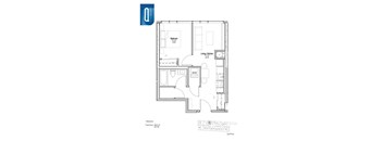 A floor plan of a one bedroom apartment with a living kitchen area and a bathroom.