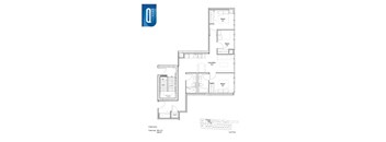A blue and white floor plan of a three-bedroom apartment.