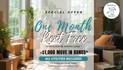 A promotional image for a special offer on a one month rent-free lease with a bonus.