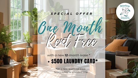 A promotional image for a special offer on a 12-month lease with a $500 laundry card.