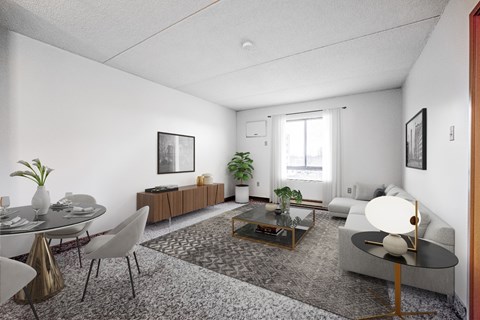 A modern living room with a grey rug and a glass coffee table.