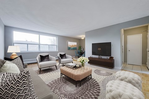 A living room with a grey sofa, a brown coffee table, and a television.