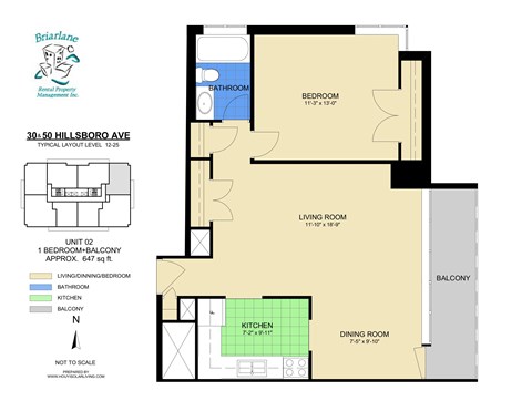 A floor plan for a 1 bedroom, balcony apartment at Hill'sboro Ave.