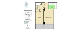 A floor plan for a 1 bedroom, 1 bathroom condo with a balcony.