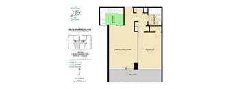 A floor plan for a 1 bedroom, balcony apartment at Hill'sboro Ave.
