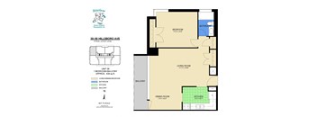 A floor plan for a 1 bedroom, 1 bathroom balcony apartment at 300-50 HillSBoro Ave.