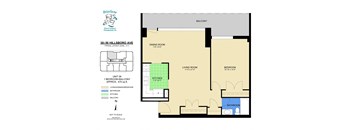 A floor plan for a 1 bedroom balcony apartment at 30s 50 Hillboro Ave.