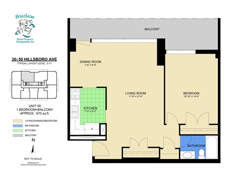 A floor plan for a 1 bedroom balcony apartment at 30s 50 Hillboro Ave.