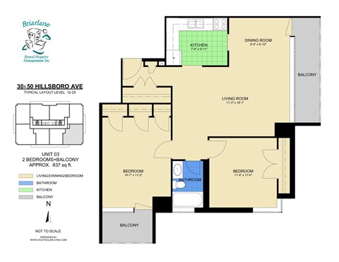 A floor plan for a 2 bedroom, 2 bathroom apartment.