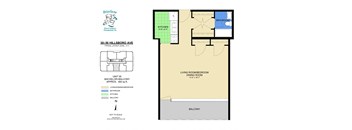 A floor plan for a living room/bedroom/dining room unit with a kitchen and bathroom.