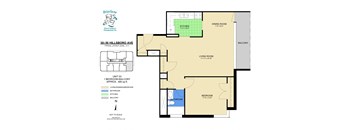 A floor plan for a rental property management company showing a typical layout for a 1 bedroom balcony apartment.