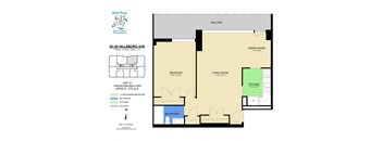 A floor plan for a rental property management company showing a 1 bedroom balcony apartment.