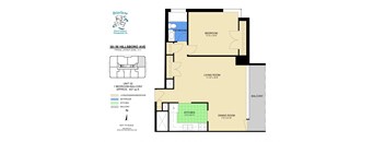 A floor plan for a 1 bedroom, balcony apartment at Hillcrest Estate.