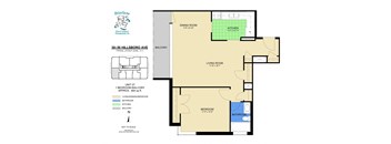 A floor plan for a 1 bedroom, balcony apartment at Hillcrest Ave.