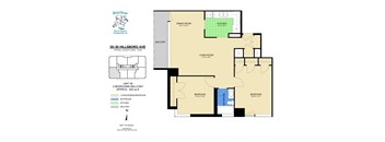 A floor plan for a 2 bedroom, 2 bathroom apartment with a living room, dining room, kitchen, and balcony.