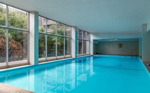 A large indoor swimming pool with a view of trees outside.